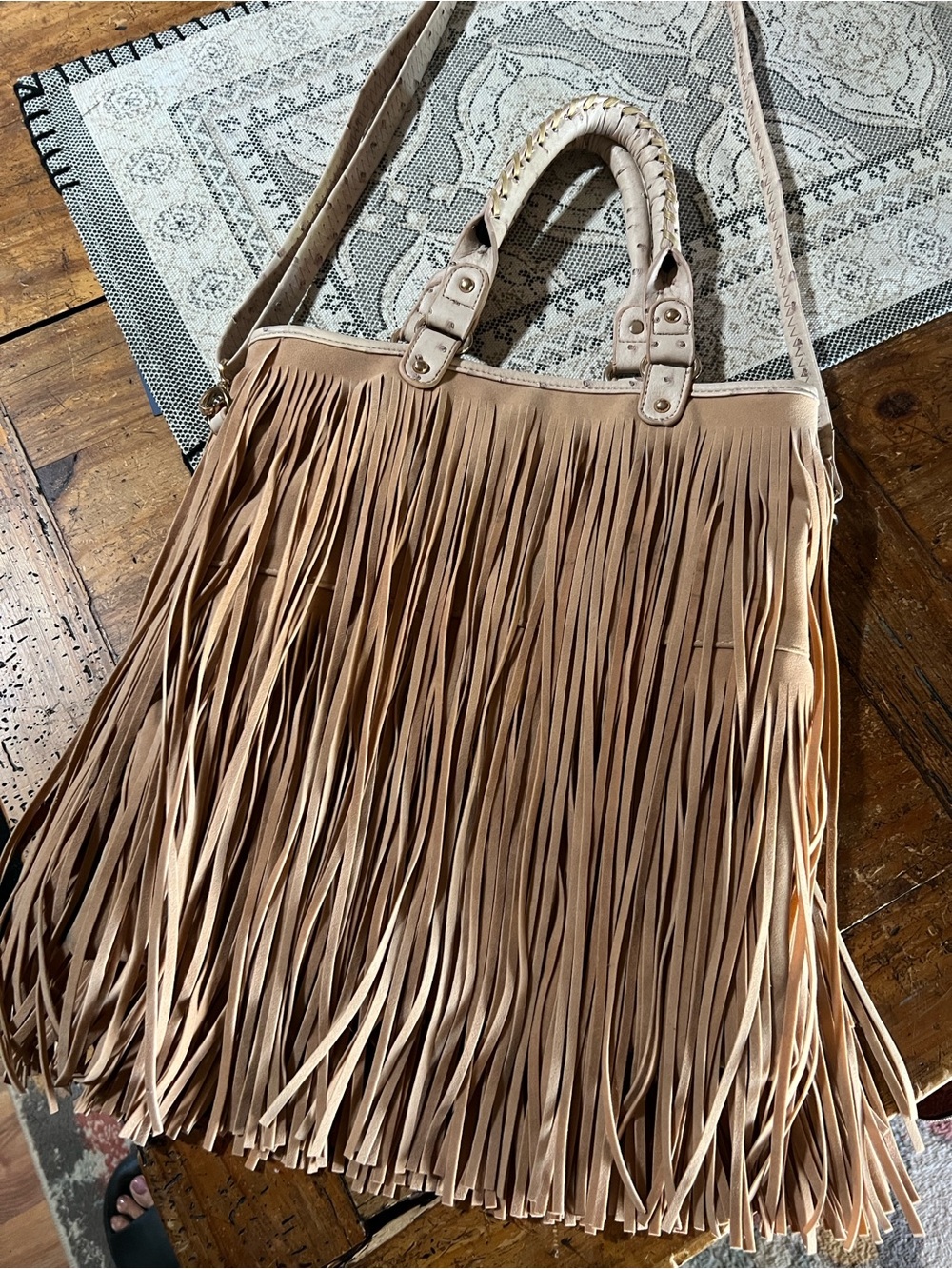 Fringed faux Leather Tote Bag in Light Tan